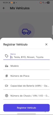 Registro de vehículo en la App ElectroPoint
